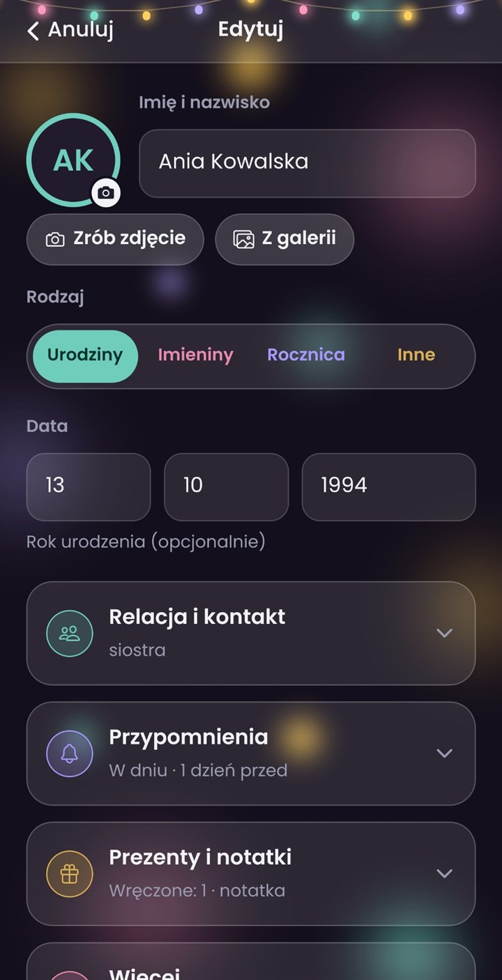 Ekran aplikacji Sto lat!: Nowa data