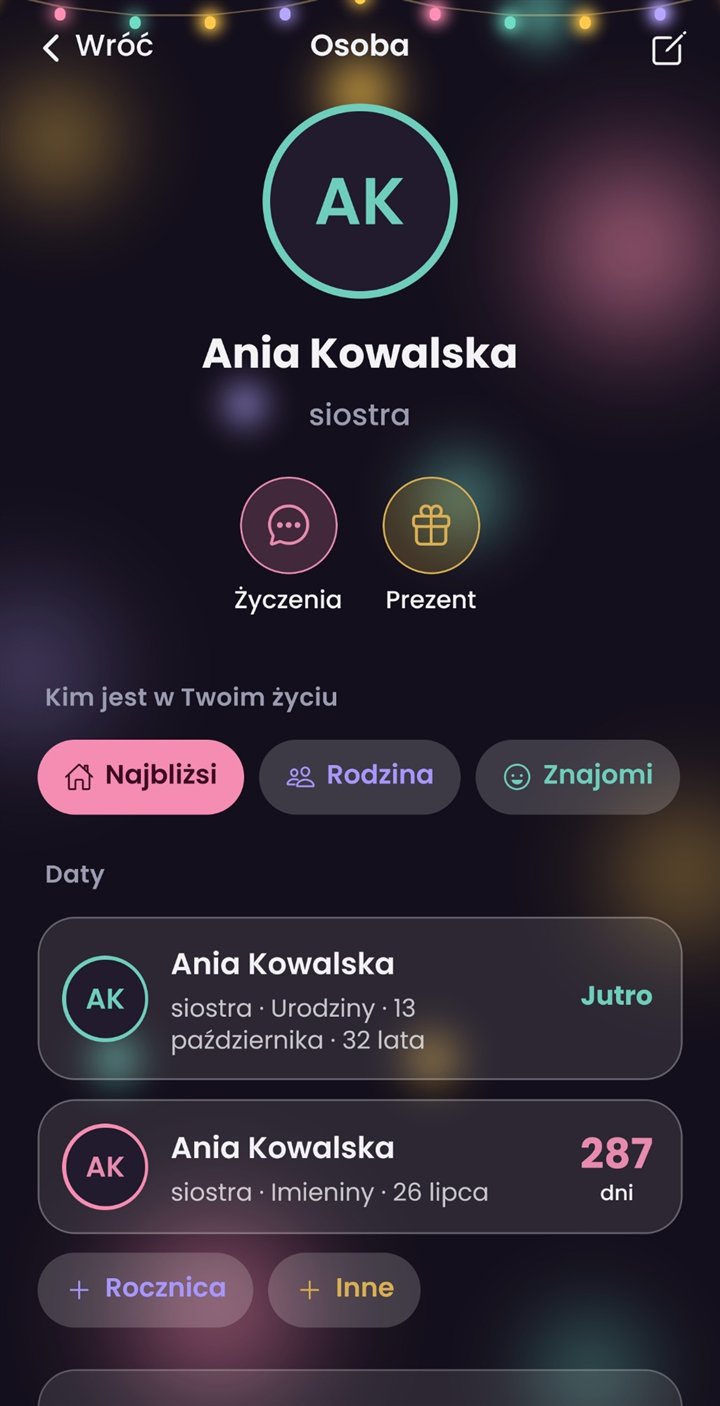 Ekran aplikacji Sto lat!: Karta osoby