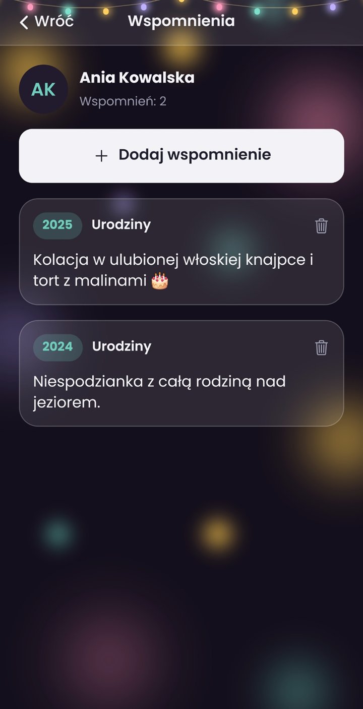 Ekran aplikacji Sto lat!: Wspomnienia